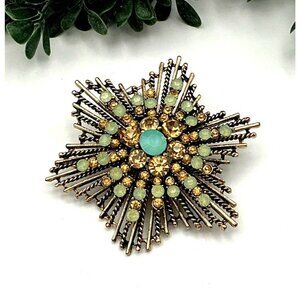 Vintage Starburst Brooch With Green & Champage Rhinestones Gold Tone Metal Pin